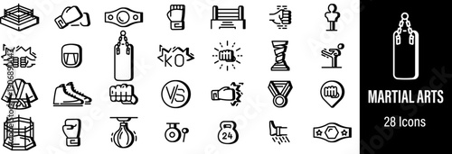 Martial arts and boxing fighting sports black icons