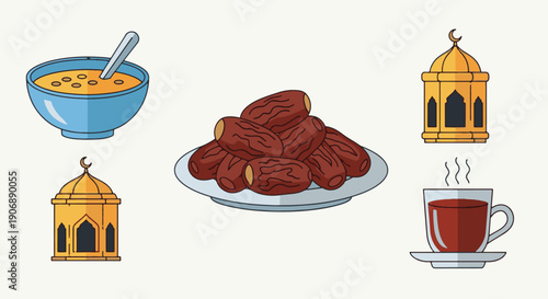Ramadhan Kareem festive Iftar meal with dates, tea, and porridge symbols