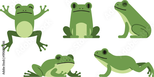 Cute Frog Cartoon Character Illustration Set with Different Poses, Green Amphibian Wildlife, Nature Theme, and Playful Kids Design Elements