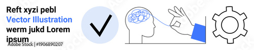 Human head with brain, hand unraveling a thread, checkmark, and gear icon. Ideal for problem-solving, workflow, mental clarity, logic, innovation cognitive science simple landing page