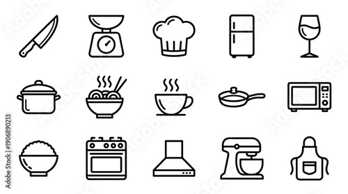 Set of black line art icons representing various kitchen tools, cooking equipment, appliances, and food items in a clean, minimalist vector style for graphic design