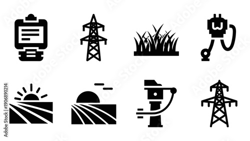 Energy and nature icon set featuring power lines and renewable elements