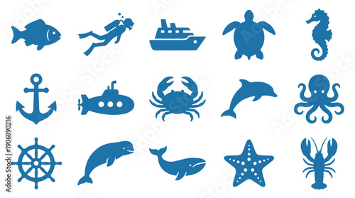 Set of blue sea and ocean icons featuring marine life and nautical symbols like a fish, turtle, ship, anchor, submarine, dolphin, octopus, and starfish in a simple graphic style