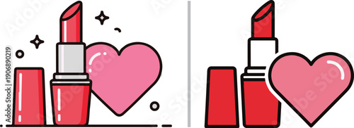 Two stylish vector illustrations of red lipstick tubes paired with large pink hearts. One features sparkling accents and detailed shading, while the other uses clean, bold lines and flat colors.