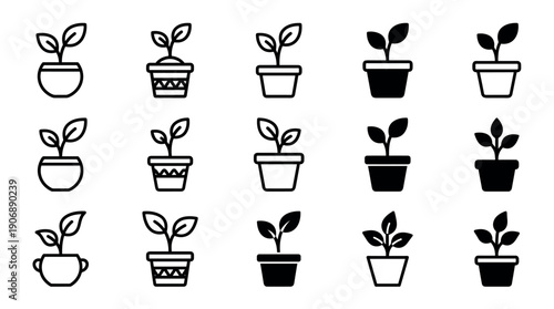 Set of black potted plant icons featuring young seedlings and sprouts in various containers, designed in clean, minimalist line art and solid glyph styles