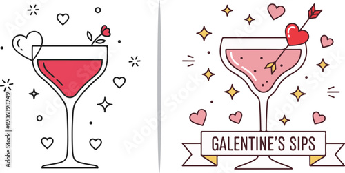 Elegant vector illustrations of pink cocktails in stemmed glasses, featuring hearts, stars, a rose, and a "Galentine's Sips" banner for a festive friendship celebration.