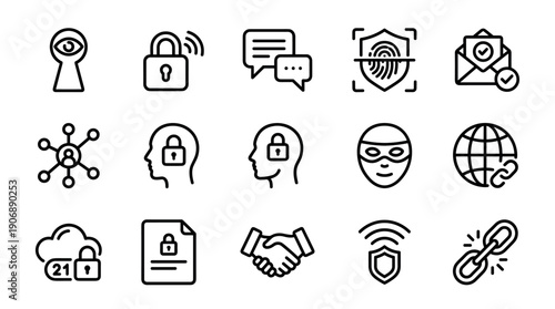 Collection of minimalist black outline icons illustrating cybersecurity themes such as data protection, privacy, encryption, biometric authentication, and internet safety