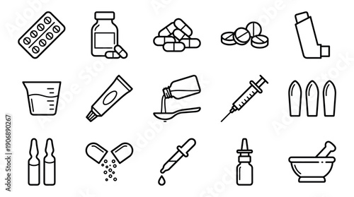 Set of black line medical icons showing various pharmaceutical products like pills, capsules, syrup, an inhaler, and a syringe, rendered in a clean minimalist pictogram style