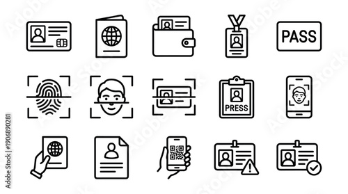 Collection of black line icons representing personal identification, verification, and security, including passport, ID card, biometrics like fingerprint and face scan, and digital access