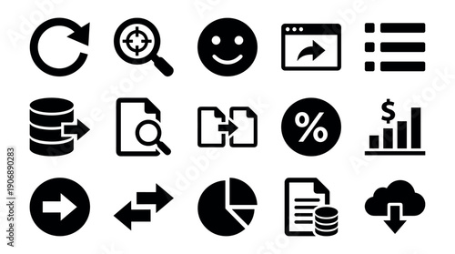 Collection of black flat business icons for user interface design, including symbols for data analysis, finance, navigation, search, and cloud computing in a glyph style