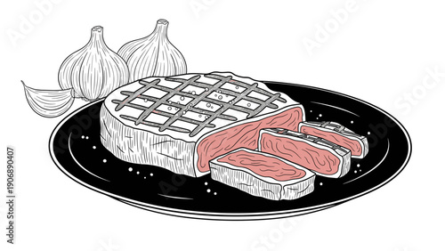 Hand drawn grilled steak with garlic on a plate