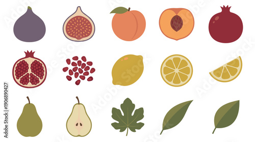 Collection of flat design fruit illustrations showing fig, peach, pomegranate, lemon, and pear, presented whole and sliced in a clean, minimalist vector graphic style