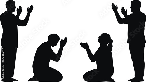 Silhouettes of people praying or meditating on a white background Keywords: people, silhouette, praying, meditation, religious