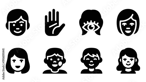 Simple black icons: facial expressions and gestures in minimalistic design