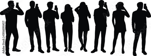 Silhouettes of people standing and holding mobile phones in their hands Keywords: silhouette, people, mobile phone, smartphone