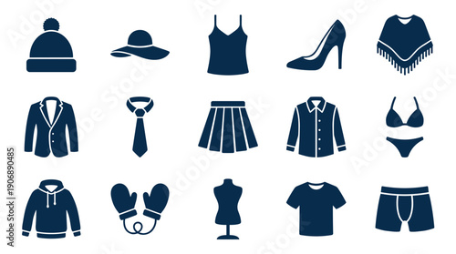 Large collection of clothing icons showing various men's and women's apparel and accessories in a flat, minimalist glyph style for fashion and retail concepts