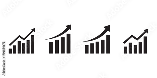 Vector set of business growth bar charts with upward arrows, collection of financial progress icons and success graph symbols for infographic design.