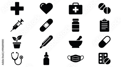 Large set of black medical and healthcare glyph icons representing various health concepts like pharmacy, treatment, and wellness arranged in a neat grid for design elements