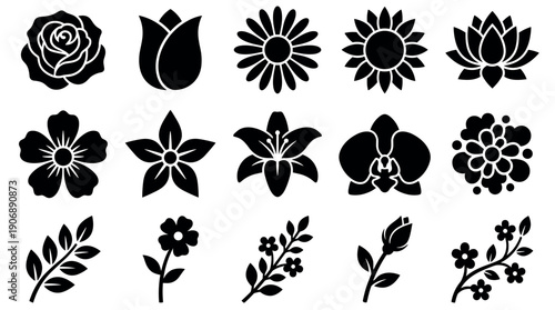 Collection of black flower icons and plant silhouettes in a simple graphic style, featuring a rose, tulip, lily, lotus, and other various floral designs for creative projects