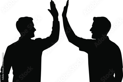 Two men silhouetted giving each other a high five on a white background success celebration