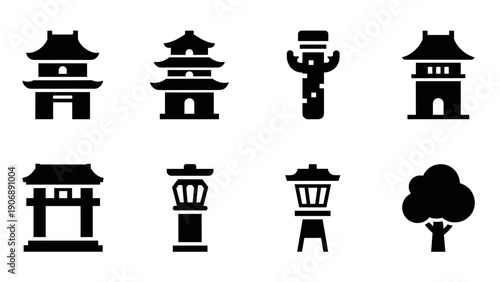 Traditional asian architecture and totem icons in minimalist silhouette style