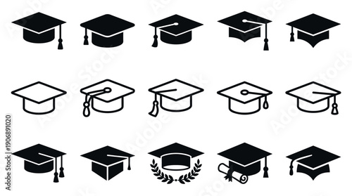 Collection of black graduation cap icons in various minimalist styles, including solid fill and line art, representing academic achievement, university ceremony, and educational success