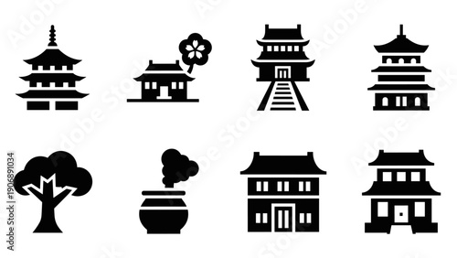 Silhouette icons of traditional japanese architecture and nature elements