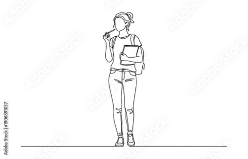 Wallpaper Mural continuous line drawing of portrait of an excited young woman celebrating success student standing. Torontodigital.ca