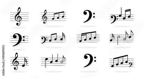 Vector music notes and treble clefs on sheet music, musical notation symbols, for music education or composition, Isolated on transparent background, png