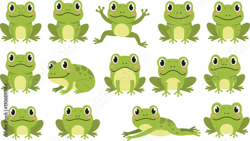 Cute Frog Cartoon Character Illustration Set with Multiple Funny Expressions, Green Amphibian Poses, Kids Friendly Nature Wildlife, and Playful Flat Design Style