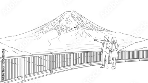 Scenic mountain view with couple on balcony in linear style