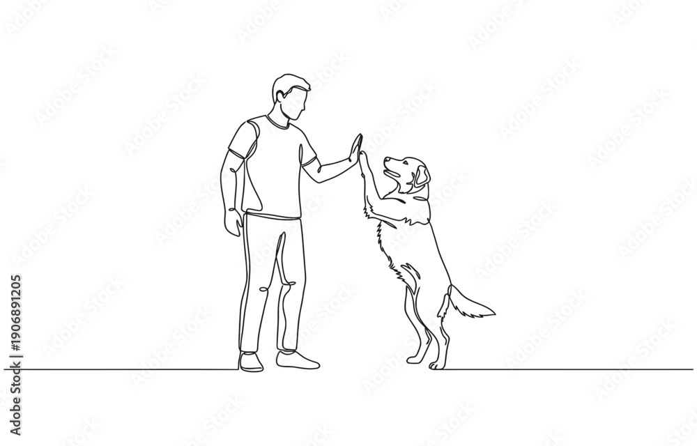 custom made wallpaper toronto digitalMan high-fiving dog in continuous line art drawing style.