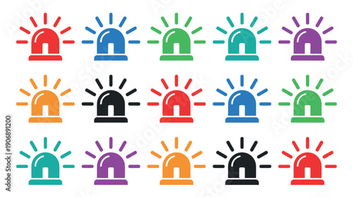 Colorful collection of emergency siren light icons in a variety of vibrant colors, arranged in rows and featuring a minimalist flat vector illustration style for alarm notifications