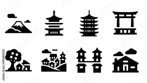 Black and white japanese icons featuring pagodas and traditional landscapes