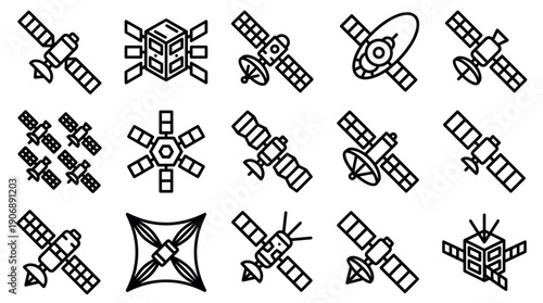 Set of various satellite and sputnik icons in a minimalist black outline style, representing space technology, global communication, and scientific exploration