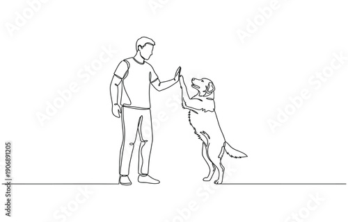Wallpaper Mural Man high-fiving dog in continuous line art drawing style. Torontodigital.ca