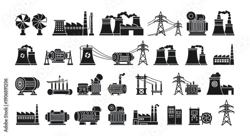 Industrial Power and Electricity Silhouette Vector Icons. Energy generation plants, transformers, turbines, and power lines for engineering and utility graphics