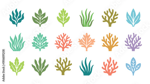 Colorful collection of stylized seaweed, coral, and algae icons presented in a minimalist flat design, featuring various underwater plant shapes for marine themes