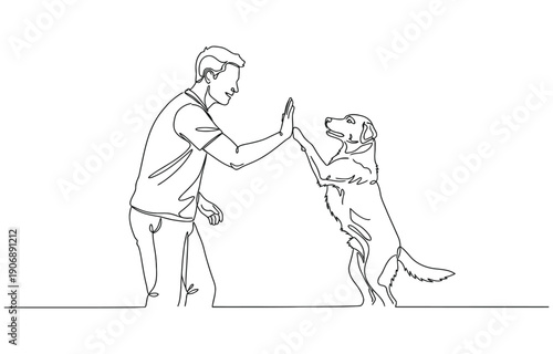 Man high-fiving dog in continuous line art drawing style.