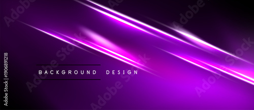 Dark purple background features bright neon lines. Diagonal streaks create dynamic visual effect. Minimalist design with text elements below.