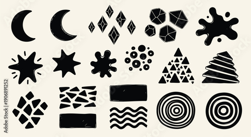 Geometric shapes and celestial icons set, including moon, stars, sun, and abstract patterns, for design or decoration, Isolated on transparent background, png