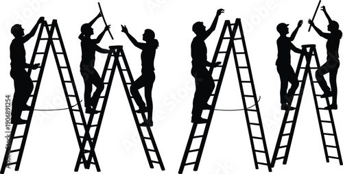 Workers Silhouettes On Ladders Forming Letters A and M On White Background construction builders