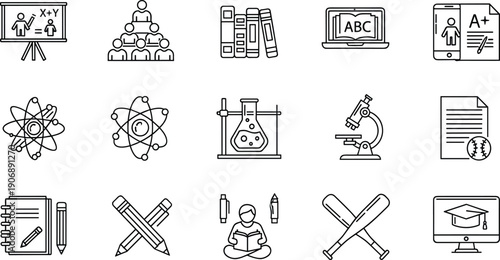 Vector collection of education and science icons featuring laboratory equipment atom models microscope textbooks sports gear and academic learning symbols,