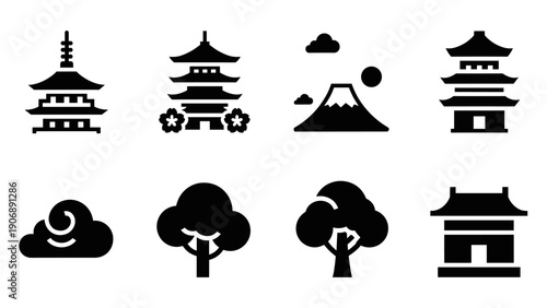 Minimalist japanese icons: pagoda, mount fuji, cherry blossom, traditional elements