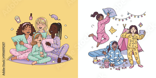 A heartwarming vector illustration set of girls in colorful pajamas having a fun sleepover with pillow fights, snacks, and a cozy tent, celebrating friendship and joy.