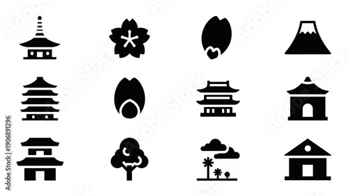 Minimalist japan icons: pagoda, sakura, mount fuji, and traditional architecture