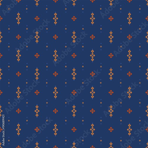 Konstfotografi Small pixel diamonds and crosses arranged in a calm grid over a deep blue background