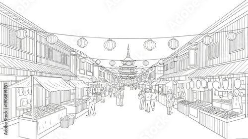 Detailed line art of bustling asian market street with lanterns