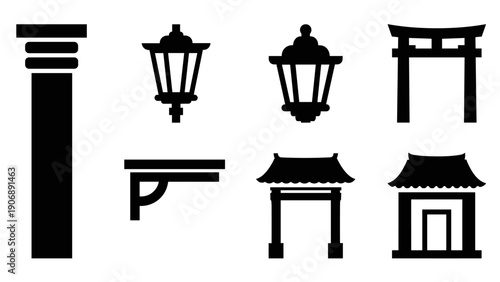 Minimalist asian architectural icons: lanterns, gates, and columns