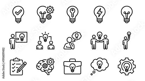 Set of black thin line icons representing concepts of idea, innovation, creativity, brainstorming, and business solutions in a minimalist vector style